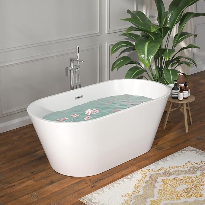59 Inch Freestanding Acrylic Bathtub White Roll Top Soaking Tub with Chrome Drain Glossy Finish for Modern Bathrooms, YSB9218
