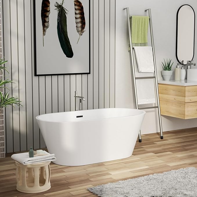 Mocoloo 59 Inch Freestanding Bathtub - Acrylic Soaking White Tub for Bathroom Stand Alone Ergonomic Modern Bathtub with Overflow and Black Offset Drain