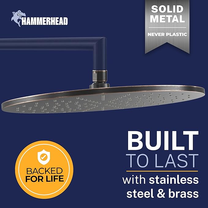 HammerHead Showers® Solid Metal 12 Inch Rainfall Shower Head, Large Rain Shower Head, 2.5 GPM High Flow Shower Head Optimized for Pressure, Wall-Mounted or Ceiling Rain Shower Head, Oil Rubbed Bronze