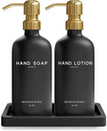 Luxury Glass Soap and Lotion Dispenser Set with Tray by Brighter Barns - Black and Gold Soap Dispenser Bathroom Set - Modern Bathroom Decor for Airbnb, Guest House, Vacation Rental, Gift (Black/Gold)