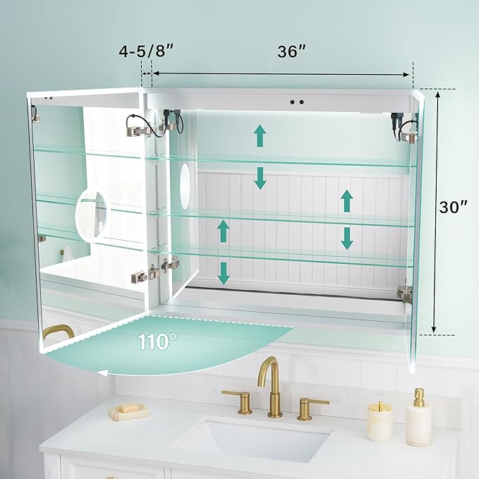 WELLFOR 36" X 30" Medicine Cabinet with Lights, 3X Magnification, Anti-Fog Mirrored Cabinet, Double Doors with Mirror, Bathroom Vanity Medicine Cabinet with Outlets & USB Ports