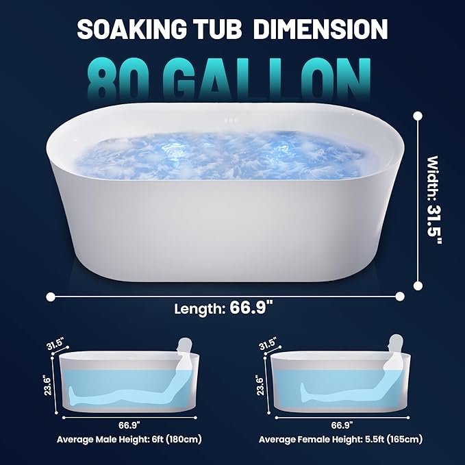 ANZZI 67" Freestanding Air Jetted Whirlpool Bathtub - White Acrylic Soaking Tub with LED Lights & Touch Controls | FT-AZ067