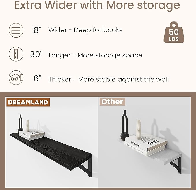 Dreamland Deep Floating Shelves for Wall, 30W x 8D Wall Shelves, Set of 2, 30 inch Floating Shelf with Sturdy Metal Brackets for Living Room, Bathroom, Bedroom and Kitchen, Black