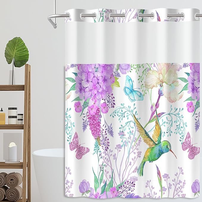 No Hook Shower Curtain with Snap in Liner for Bathroom,with See Through Top Window, Double Shower Curtain with Detachable Fabric Liner Replacement, Machine Washable, Purple Floral, 71"x 74"