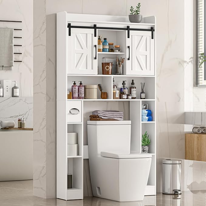 Farmhouse Storage Cabinet Over Toilet with Sliding Doors，Over The Toilet Storage Cabinet, Home Space-Saving Toilet Rack, for Bathroom, Restroom, Laundry.