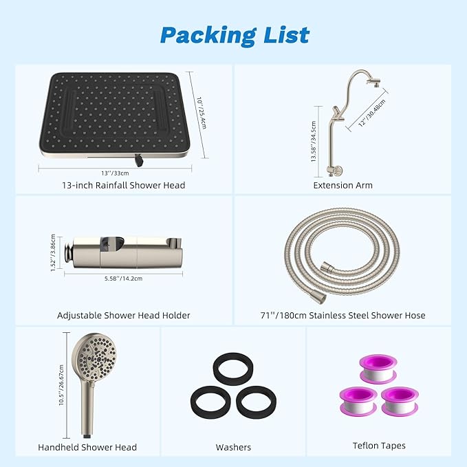 Hibbent cUPC Certified 13'' Shower Head Combo, High Pressure 5 Spray Rainfall Showerhead, 10 Spray Handheld, All Metal Easy Reach 4-way Diverter Arm with Pause Mode, 71'' Hose & Holder, Brushed Nickel