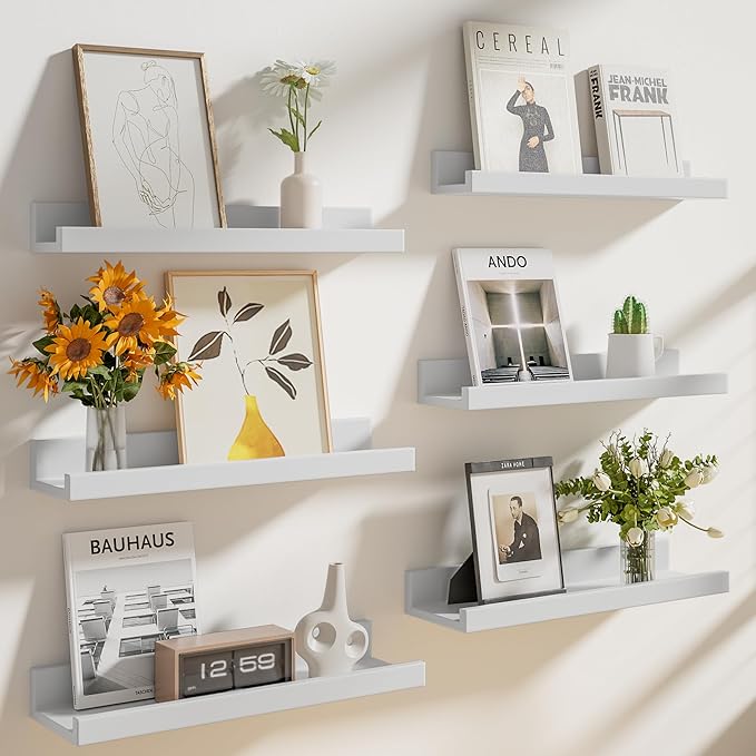 Heimlove Floating Shelves Set of 6, 24" Wall Mounted Picture Ledge, Display Shelf Organizer for Decor Storage, Wall Mounted Shelves for Living Room, Bedroom, Bathroom, Kitchen (White)
