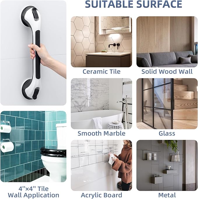Grab Bars for Bathtubs and Showers Glow in The Dark, 17 inch Suction Grab Bar, Shower Handle Safety Grip Handrail for Seniors and Elderly, Removable Waterproof No Drilling, Black