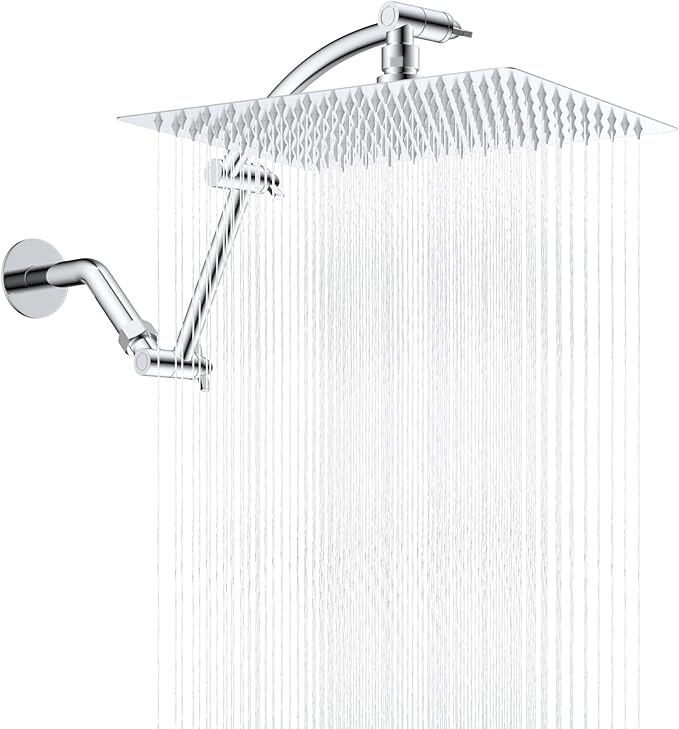 Hibbent All Metal cUPC Certified Rain Shower Head, 12'' High Pressure Rainfall Showerhead with 16" Shower Head Extension Arm, Solid Brass Adjustable Shower Arm Extender, fixed Showerheads, Chrome