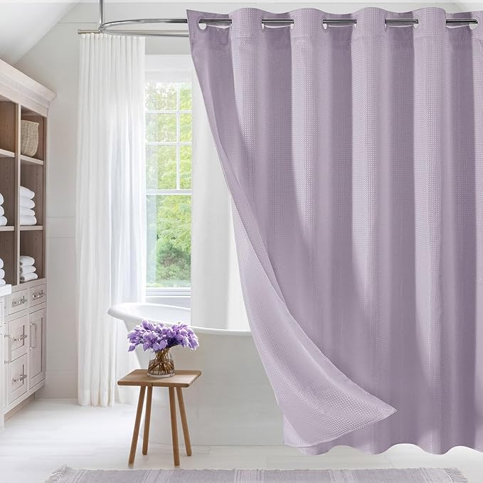MitoVilla No Hooks Needed Purple Waffle Shower Curtain Liner Set, Modern Waffle Weave Heavy Duty Fabric Cloth Shower Curtain with Snap-in Liner for Luxury Neutral Hotel Spa Bathroom Decor
