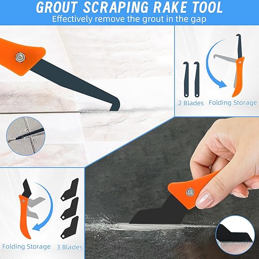 33 Pcs Grout Removal Tool Kit, 2 Tile Grout Saws with 12 Extra Blades, 2 Hand Grout Saw and 2 Cleaning Blades, Caulk Remover for Bath Shower, Ideal for Floor Tile Grout Cleaning