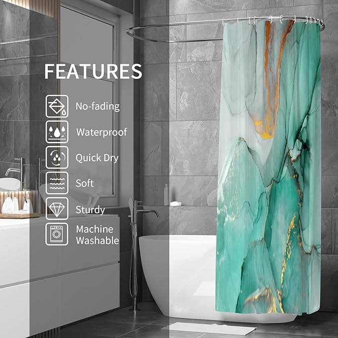 Gibelle Abstract Marble Shower Curtain, Teal Green Jade Texture Gold Stripes Ombre Watercolor Paint, Modern Ink Art Decor Waterproof Fabric Curtain for Bathroom Set, 71x71