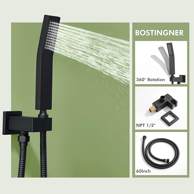 Shower System with Body Jets,Bostingner 3 Way Shower Faucet Set 12" Rain Shower Head with Handheld Spray, Can Use at Same Time,Push Button Diverter Shower Head Set Complete, Matte Black