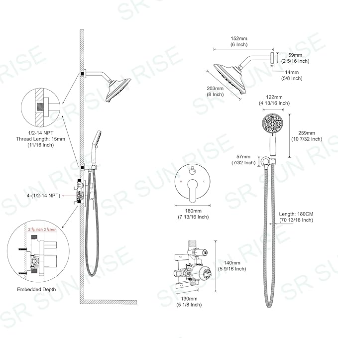 SR SUN RISE Shower Faucet - 8 Inch Multifunctional High Pressure Shower Head System with Handheld Shower Head Fixtures - Valve Included - Oil Rubbed Bronze