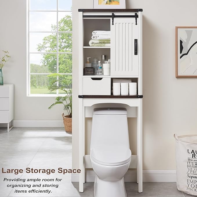 Over The Toilet Storage Cabinet, Farmhouse Storage Cabinet with Adjustable Shelves and Sliding Barn Door, Free Standing Over Toilet Bathroom Organizer (Antique White)