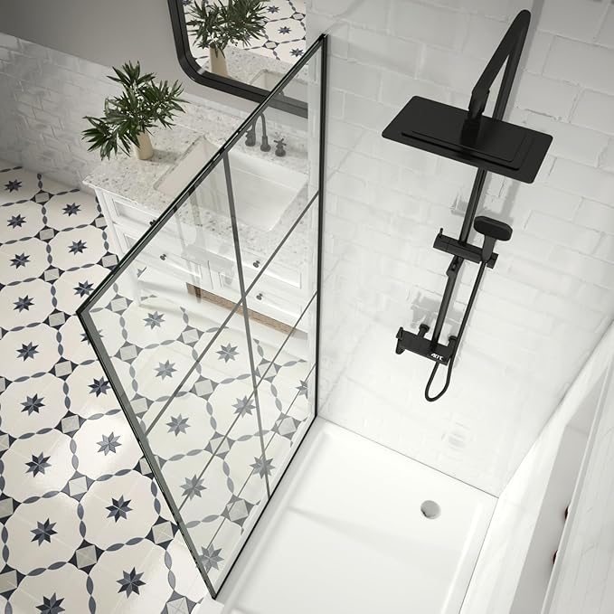 36" W x 76" H Frameless Shower Screen, Fixed Glass Panel for Walk-In Shower, 3/8" Tempered Glass, Grid Pattern Design