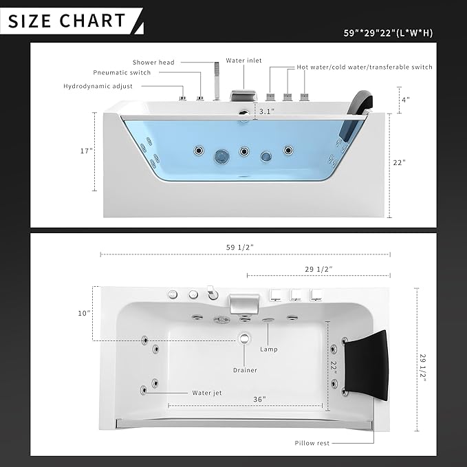 Empava 59" Acrylic Alcove Whirlpool Bathtub - 11 Jets Hydromassage with Chromatherapy, 750W, 58 Gallons, 3-Side Apron, Waterfall Faucet & ETL Certified