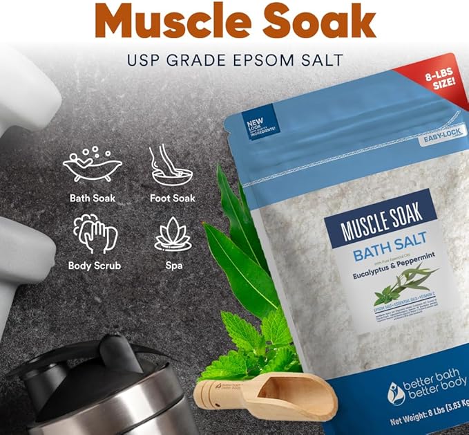 Muscle Soak Bath Salt 128 Ounces Epsom Salt with Natural Peppermint and Eucalyptus Essential Oils Plus Vitamin C in BPA Free Pouch with Easy Press-Lock Seal