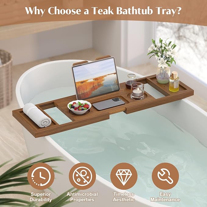 Teak Bathtub Tray, Expandable Wooden Bath Tray for Tub, Luxury Bath Caddy for Bathtub, Birthday & Wedding for Couple Bridal Shower Present, House Warming Gifts New Home