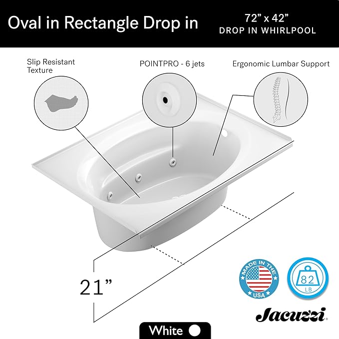 Jacuzzi SIGNATURE Acrylic Drop-In Bathtub, Heated Jet Massage Tub, Slip Resistant, Left Drain Placement, 72" (L) x 42" (W), Oval In Rectangle, White