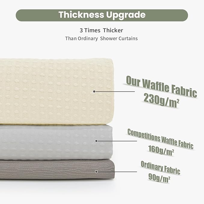 Inhousolu Fabric Shower Curtain Waffle Weave, 230 GSM Heavy Duty, Weighted Hem, 14 Metal Hooks, Water Repellent, Machine Washable, Hotel Spa Luxury Bath Curtain Set, 72 x 72 Inch, Ivory