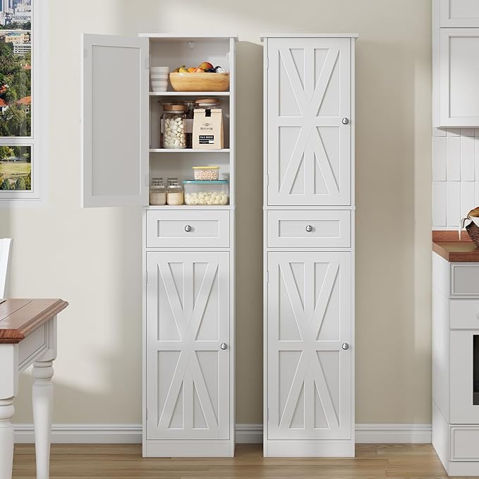 67" H Tall Bathroom Cabinet, Narrow Storage Cabinet with 2 Barn Doors and 1 Drawer, Freestanding Floor Cabinets with 6 Shelves for Bathroom, Living Room, Kitchen, White