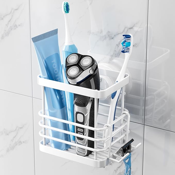 TAILI Patented Suction Cup Toothbrush Holder, Stainless Steel Anti-Puddling Toothbrush Shower Holder, No Drilling Removable Organizer for Bathroom Toothpaste, Razor, Kitchen and Office Items, White