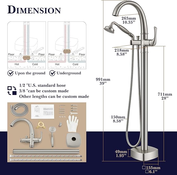 Free Standing Tub Faucet, Hanallx Luxury Brushed Nickel Freestanding Bathtub Faucet with Sprayer, Premium Brass High Flow Rate Floor Mount Tub Filler Swivel Spout, Roman Tub Faucet Set（HM88011-BN）