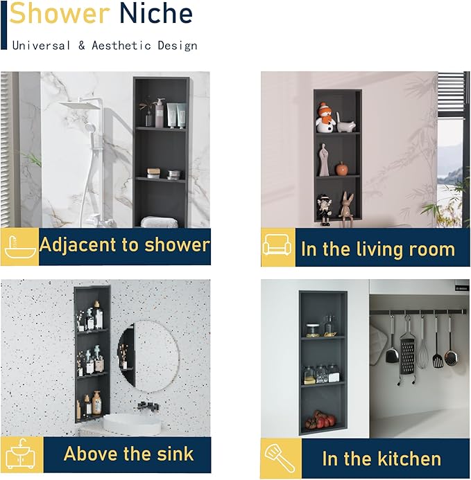 Black Stainless Steel Shower Niche 36" X 12" ，Recessed Shower Shelf for Bathroom Storage，Three-Tier Shelves， Matte Black (Black, 36 * 12 in)