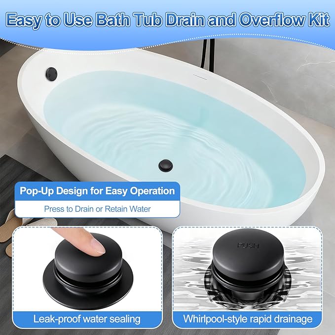 3 Piece Bathroom Fixture Set in Matte Black Shower Arm with Flange, Bathtub Drain, and 5-1/4 Inch Tub Spout Complete Upgrade Kit for Modern Bathrooms
