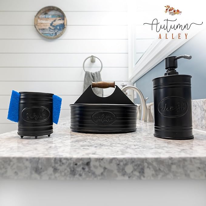 Autumn Alley Rustic Farmhouse Bath Caddy for Shower – Toiletries Countertop Organizer for Bathroom – Industrial Chic Décor – Matte Black Bathroom Accessories (Aged Black), Large