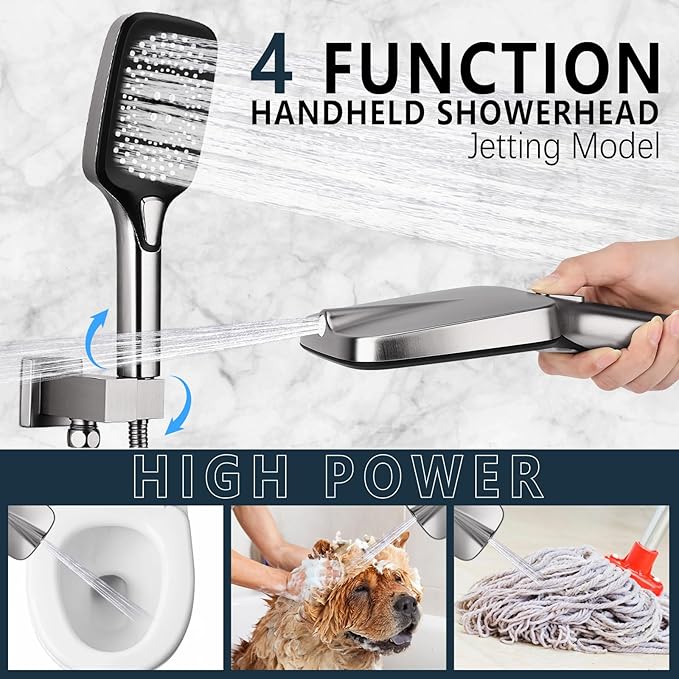 Shower Faucet Set Rainfall Shower System Push Button Diverter Shower Faucet with 4 in 1 Handheld, Ceiling Mount 12 Inch Shower Head and 6 Inch Wall Mount Shower Head