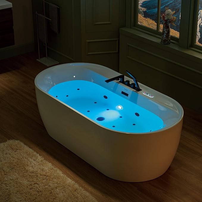 WOODBRIDGE 72" x 35-3/8" Whirlpool and Air Bath Heated Soaking Combination Tub with Adjustable Speed Air Blower, Tub Filler, and LED control panel, Matte Black Finish Trim and Drain Kit, BM500+F0051MB