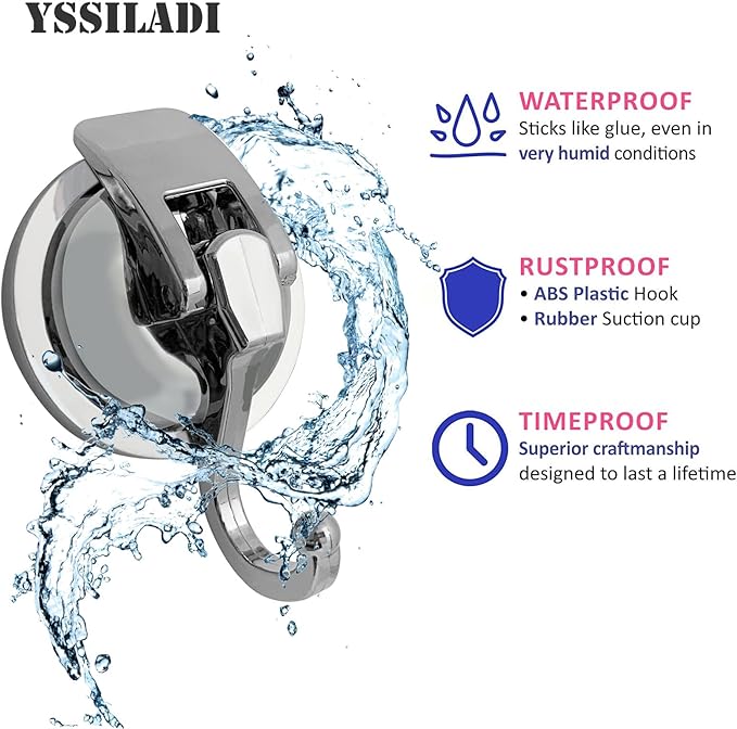 Heavy Duty Suction Cup Hooks for Shower, Bathroom Robe - Vacuum Glass Hooks, Reusable, No Hole Punched, for Garland Decoration (Silver, 6 Pack)