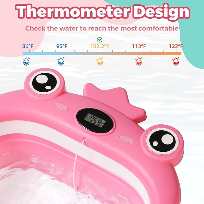 Baby Bathtub,Collapsible Baby Bath Tub with Soft Cushion & Thermometer, Space Saving Foldable & Travel Newborn Bathtub for Infant to Toddler 0-36 Months, Frog Pink