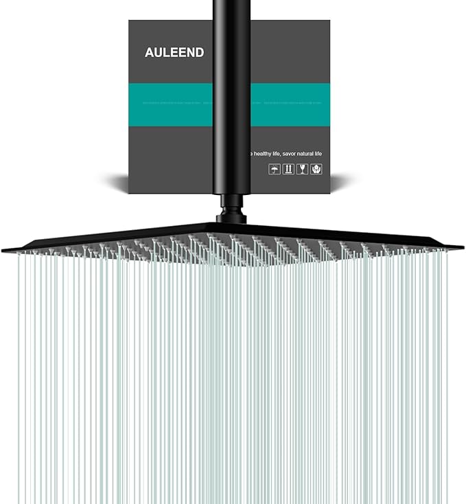 Square Rain Shower Head, High Flow Stainless Steel,Work with any decorative style，All Metal Rainfall Shower Head (Matte Black, 12)