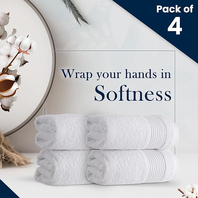 HALLEY Turkish Cotton Towels (Pack of 4) Hand Towels Super Soft Highly Absorbent 100% Cotton Towels for Bathroom and Kitchen for Mother’s Day (White)