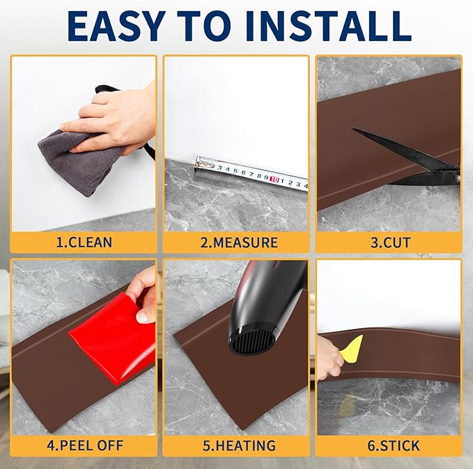 Flexible Baseboard Molding Trim 4 Inch Self-Adhesive Vinyl Wall Base Peel and Stick Cove Base Rubber Wall Baseboard Moulding Trim (40Ft, Brown)