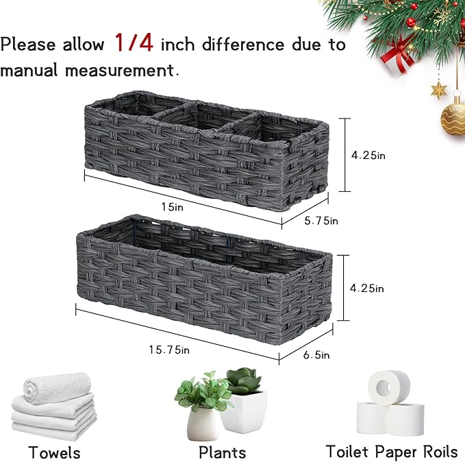 DULLEMELO Toilet Paper Basket for Organizing, Small Bathroom Baskets for Storage, Waterproof Basket for Back of Toilet, Grey, 2 Pack