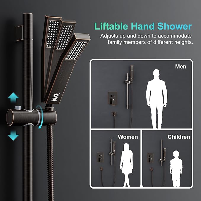 SR SUN RISE 12 Inch Oil Rubbed Bronze Shower Faucet Set, Wall-Mount Adjustable 16-Inch Slide Bar with Square Hand Shower System Included Valve and Trim Kit