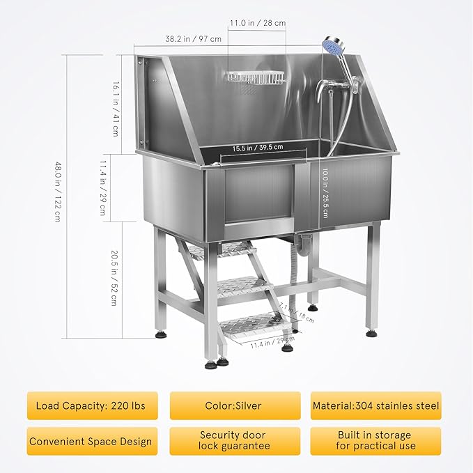 Redriver Stainless Steel Dog Washing Station, 38-Inch Dog Bathing Station Bath Tub, Pet Grooming Bath Tub with Left Ramp & Showerhead & Faucet & Soap Holder for Large Medium Pets (Up to 220LBS)