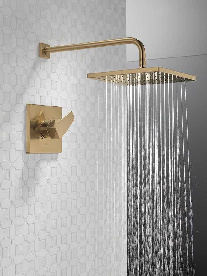 Delta Modern 14 Series Square Rain Shower Faucet Set, Brushed Gold Shower Head and Handle Set, Valve Trim Kit, Champagne Bronze T14268-CZ-PP (Valve Not Included)