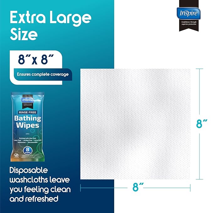 Body Wipes for adults bathing no rinse | Adult Wash Cloths Extra Large, Bathing Wipes for Incontinence, 8"x 8" In (48 count) | By Inspire
