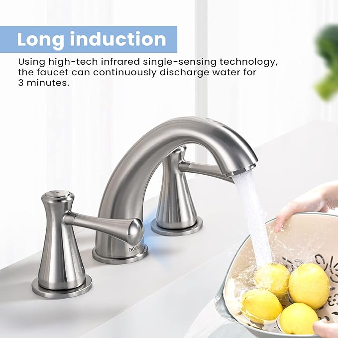 Touchless Bathroom Faucet for 3 Holes with 3 Handles, Controlling Temperature & Adjustable Water Flow, Short & Long Induction Modes, Auto Motion Sensor Brushed Nickel Bathroom Faucet Set 29180
