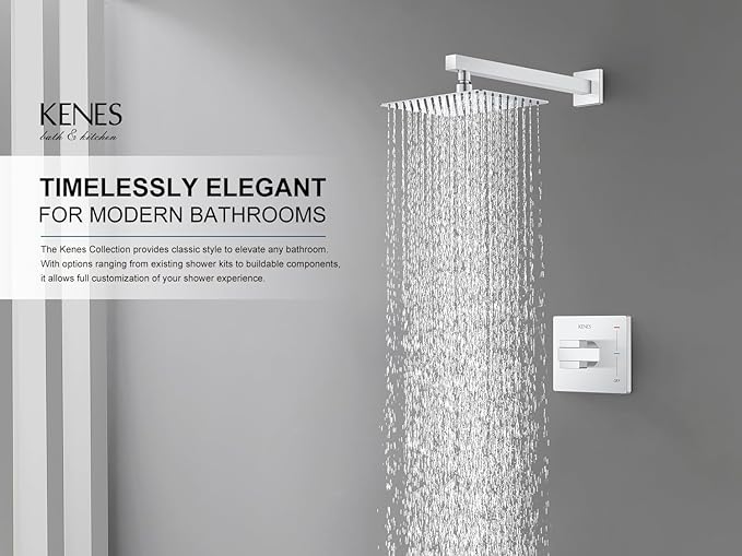 KENES Modern Polished Chrome 10-Inch Shower Head and Handle Set, Square Shower Faucet Set Bathroom Rainfall Shower System, KE-6024B-5 (Shower Valve Included)