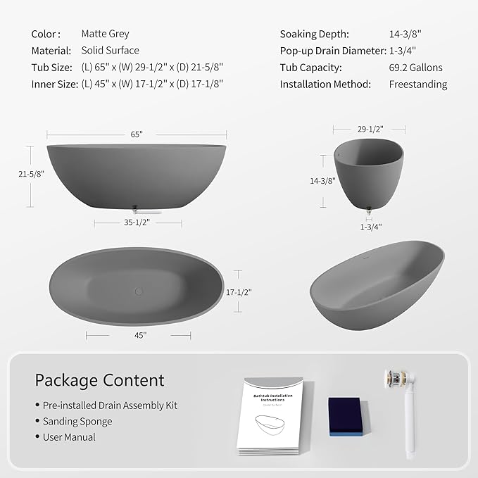 Abruzzo 65" Freestanding Solid Surface Bathtub - Stone Resin Soaking Tub with Overflow & Pop-Up Drain, cUPC Certified Matte Grey, 69 Gallon Capacity Deep Soak Tub for Modern Bathrooms