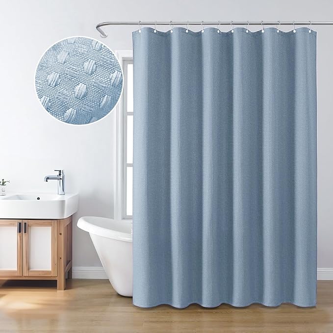 Inhousolu Fabric Shower Curtain Waffle Weave, Fog Blue 230 GSM Heavy Duty, Weighted Hem, 14 Metal Hooks, Water Repellent, Machine Washable, Hotel Spa Luxury Bath Curtain Set, 72 x 72 Inch