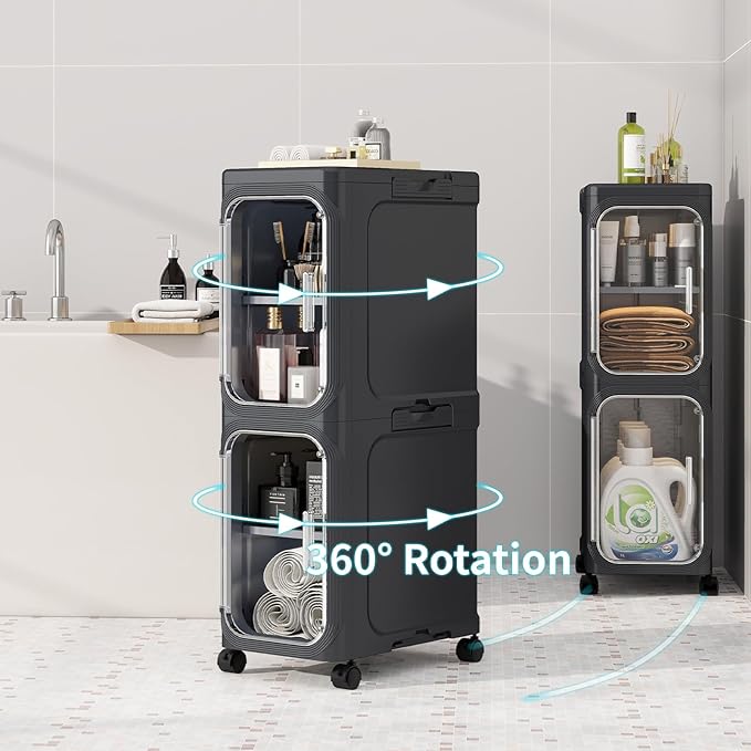 KHNR 3-Tiers Slim Bathroom Storage Cabinet, Foldable Storage Cabinets,Narrow Bathroom Storage,Movable Bathroom Storage Organizer for Small Spaces,Bathroom,Kitchen,Laundry,Black