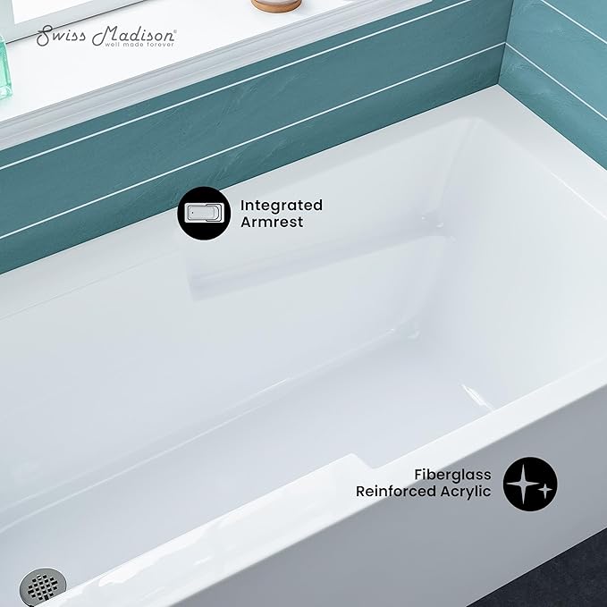 Swiss Madison Well Made Forever SM-AB549 Voltaire Alcove Tub 54" x 30" with Armrest in Glossy White