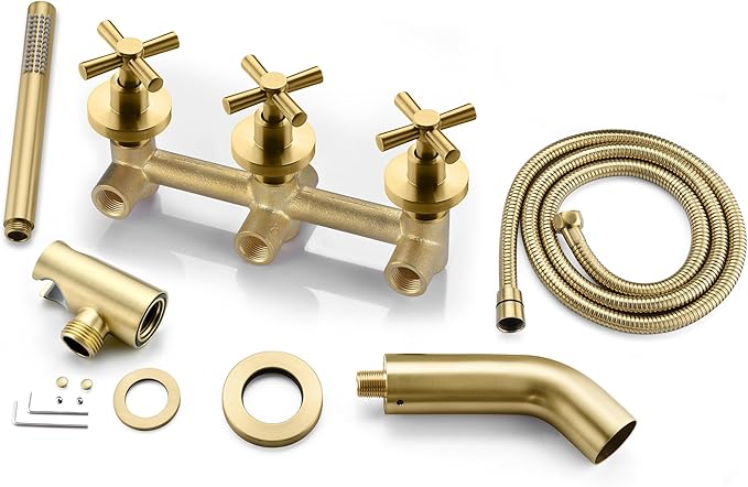 SUMERAIN Waterfall Wall Mount Tub Faucet with Hand Shower Sprayer, 3 Handle Tub Shower Faucet with Rough in Valve Brushed Gold Finish